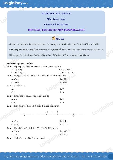 Đề thi học kì 1 Toán 6 - Đề số 15 - Kết nối tri thức
